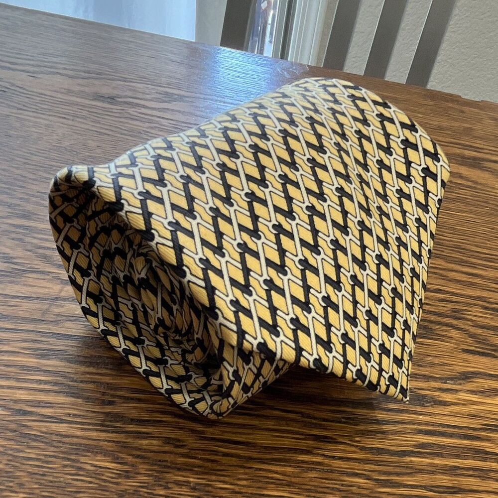 Hermès 100% Silk Geometric Equestrian Horse Logo Tie Gold Black White